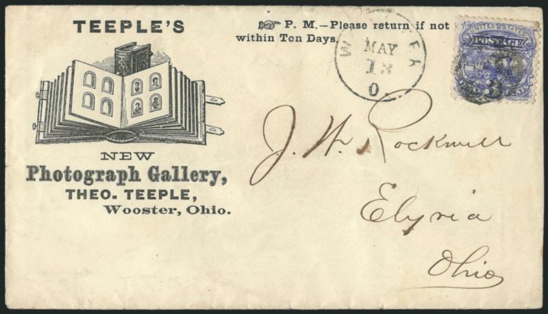 3c Ultramarine (114).> Five advertising covers incl. Teeples of Wooster, O. showing photo albums, Stein Bros. of Ravenna, O., billboard advertisement showing 4 different photo ads plus an ad for E. Morgan
Envelope Co. and Milton Bradley, N.Y. opticia