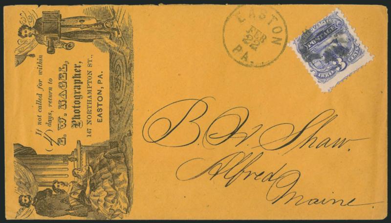 3c Ultramarine (114).> Just tied at top by cork cancel, Easton Pa. Feb. 22 circular datestamp on illustrated cover to Alfred Me. for <E.W. Nagel, Photographer,> with lithograph of photographer using early
camera and family posing at left, fresh a