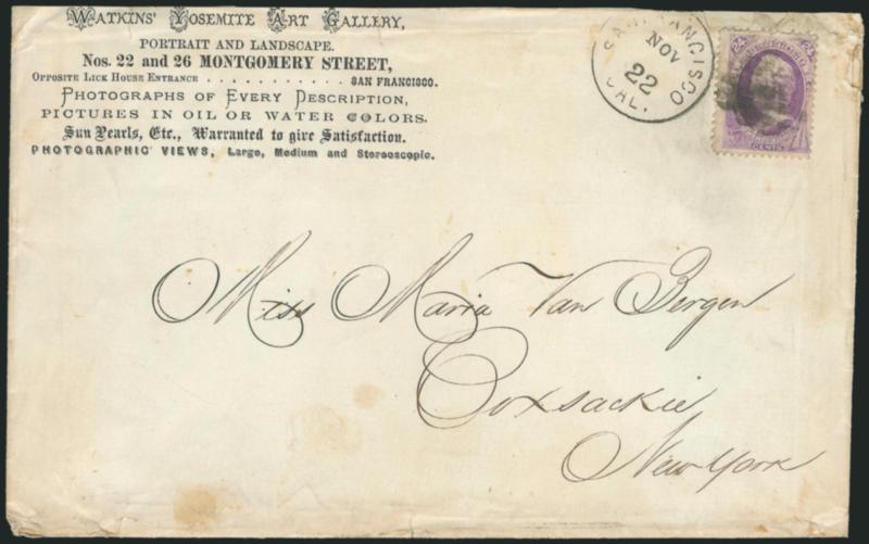 24c Purple (153).> Cancelled by grid, clear San Francisco Cal. Nov. 22 circular datestamp on large envelope to Coxsackie, N.Y., with corner card of Carleton Watkins, <Watkins Yosemite Art Gallery, Portrait and
Landscape. Photographs of Every Desc