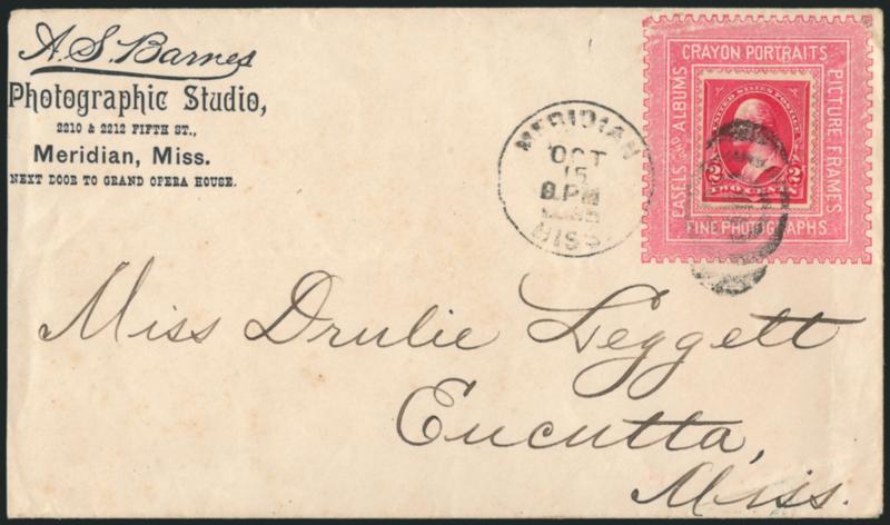 2c Red, Ty. IV (279B).> Two covers, each with different style advertising stamp collar, incl. rose collar of A.S. Barnes of Meridian Miss., Very Fine, second is Wiggins of Iowa with black collar, Cedar Rapids
flag machine cancel, Extremely Fine