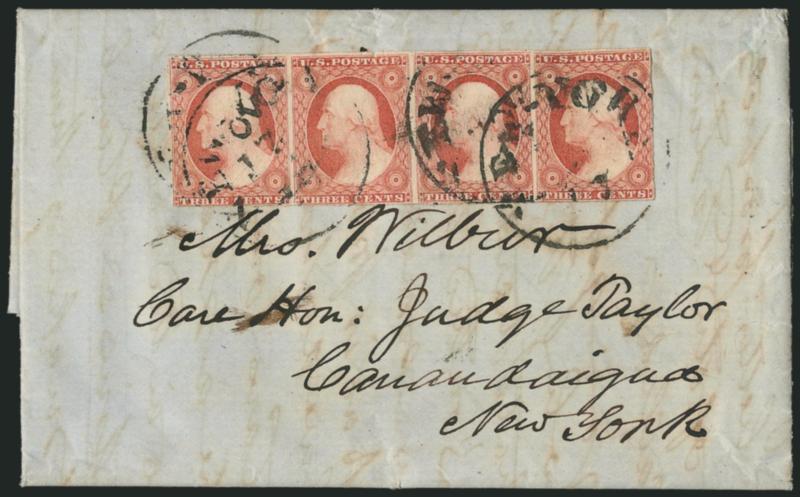 3c Dull Red, Ty. II (11A).> Horizontal strip of four, ample margins to slightly in, tied by four strikes of New-York Nov. 17 circular datestamp on 1853 folded letter from a husband to his wife, contents reveal
the cover contained a key and a <dague