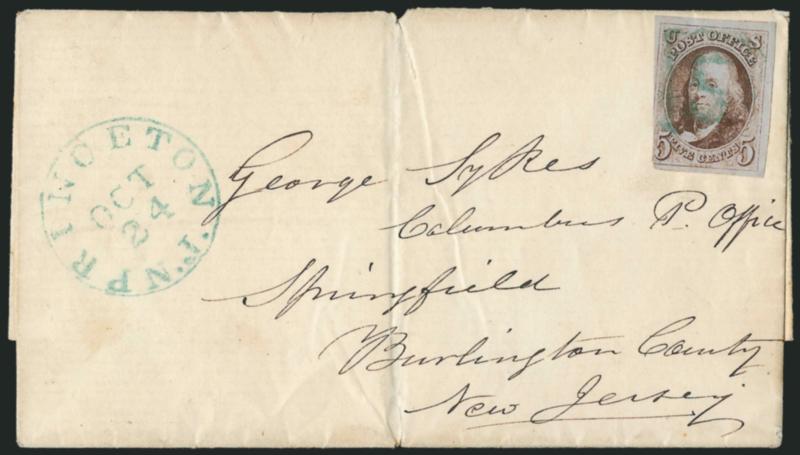 5c Red Brown (1).> Three enormous margins, just in at lower left, cancelled by <green 5 in frame,> matching Princeton N.J. Oct. 24 circular datestamp on 1850 folded letter to Springfield N.J., stamp with small
corner crease, cover with central ve