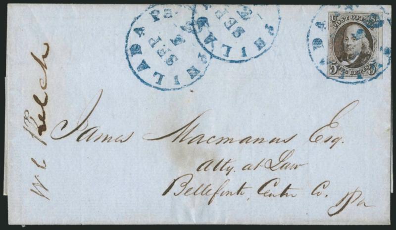 5c Red Brown (1).> Large to huge margins, deep rich color, tied by neat strike of <blue> Philada. Pa. Sep. 5 circular datestamp, two additional strikes at left, on folded cover to Bellefonte Pa., fresh and
Extremely Fine