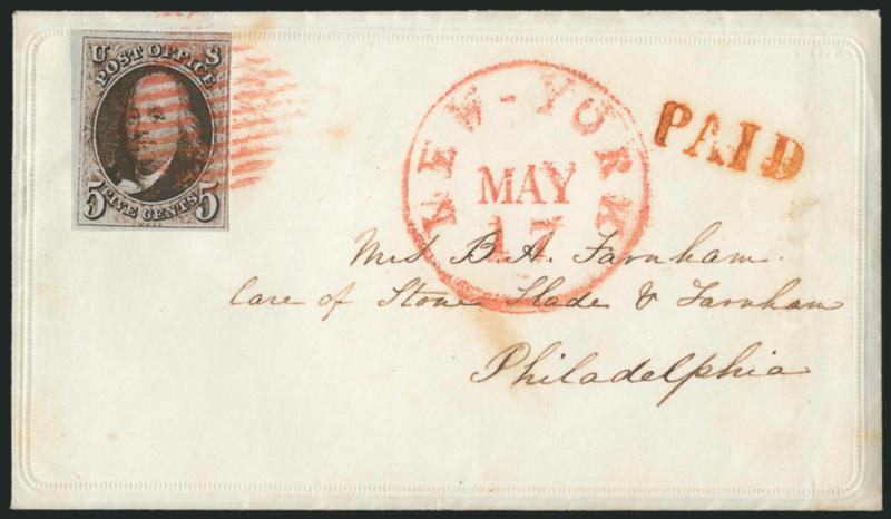 5c Dark Brown (1a).> Intense shade, large margins to clear, tied by red square grid, matching New-York May 17 circular datestamp and Paid handstamp on ladys small embossed cover to Philadelphia, Very
Fine