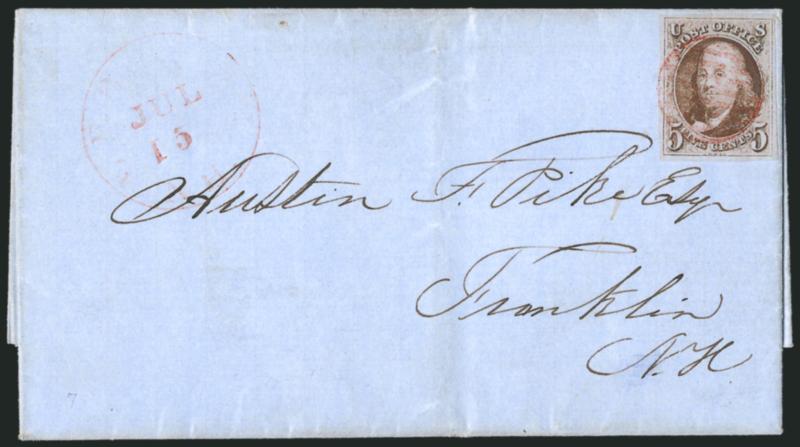 5c Red Brown (1).> Large margins to full, tied by red grid, matching Lebanon N.H. Jul. 15 circular datestamp on 1850 folded letter to Franklin N.H., stamp with two tiny indentations from cancelling device (not
mentioned on accompanying certificate)