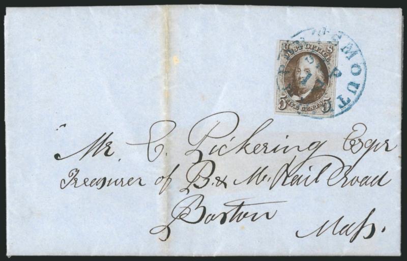 5c Red Brown (1).> Large margins to clear, deep rich color, tied by <blue> Portsmouth N.H. Sep. 17 circular datestamp on blue 1849 folded letter to the treasurer of the Boston and Maine Railroad in Boston,
light vertical file fold well away from st