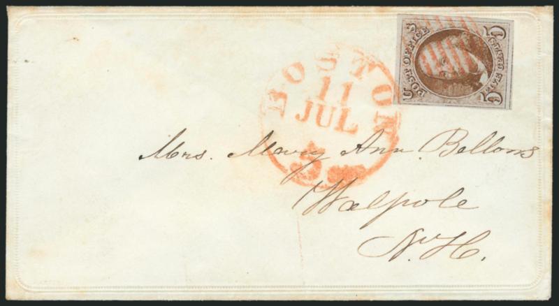 5c Red Brown (1).> Huge margins to clear incl. part of adjoining stamp at bottom, tied by red grid and matching Boston 5cts. 11 Jul. integral-rate circular datestamp on ladys embossed cover to Walpole N.H.,
few minor age spots, Very Fine