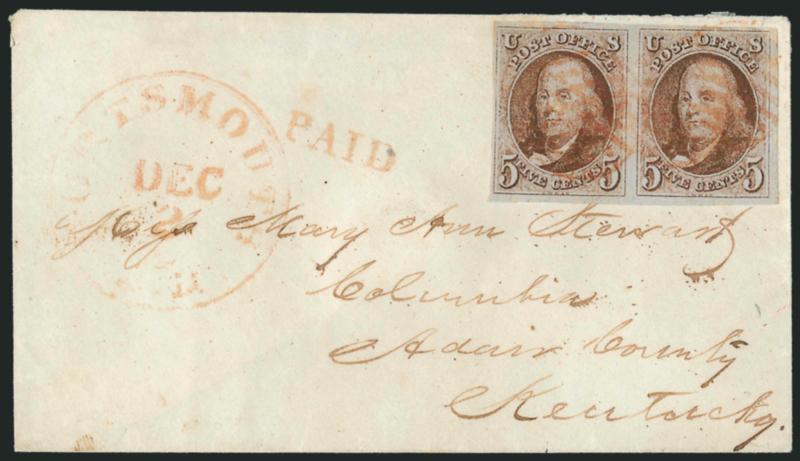 5c Red Brown (1).> Horizontal pair, large margins to full, tied by red grids, matching Portsmouth N.H. Dec. 2 circular datestamp with matching Paid handstamp on small cover to Columbia Ky., few small age spots
affect stamps, otherwise Extremely F