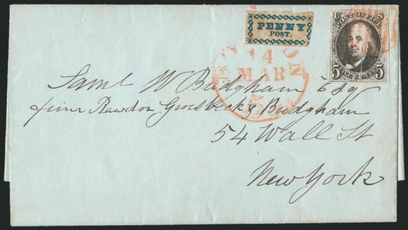 5c Dark Brown (1a).> Intense color and impression which we think may even qualify as Blackish Brown, large margins to clear, <pre-printing paperfold> at bottom center, also with <Dot in S variety,> tied by red
grid and <used with Boston Mass., 1c