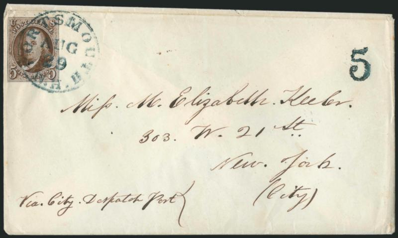 5c Red Brown (1).> Large margins to clear, rich color, tied by <blue> Portsmouth N.H. Aug. 29 circular datestamp with matching 5 handstamp on cover to street address in New York City, with <Via City Despatch
Post> ms. notation at lower left, st