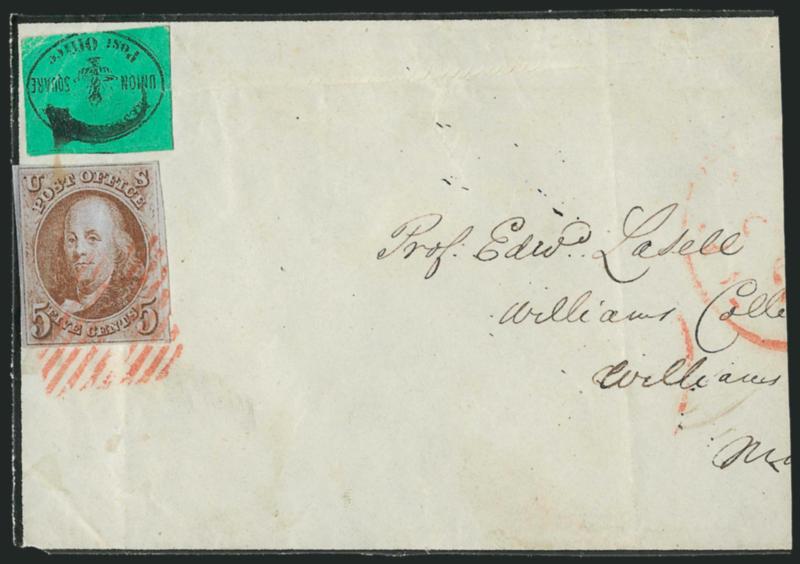 5c Red Brown (1).> Large margins to clear, tied by red New York square grid on part of mourning cover front only to Williams College in Mass., also bearing <Messenkopes Union Square Post Office, (1c) Black on
Green (106L1),> with line thru Messenkop