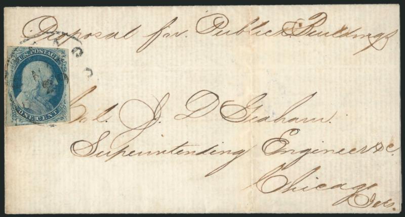 1c Blue, Ty. II, Cracked Plate (7 var).> Position 13L2, large margins to barely in, bright shade, tied by light strike of Chicago Ill. Mar. 29 circular datestamp on locally addressed folded letter, fresh and
Very Fine, desirable with the plate crac