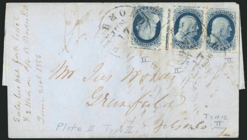 1c Blue, Ty. II (7).> Three singles, left stamp Position 51L2 with <part imprint at left,> tied by Richmond Va. Jun. 17, 1856 circular datestamps on blue folded letter to Greenfield Va., fresh and Fine,
desirable with the imprint