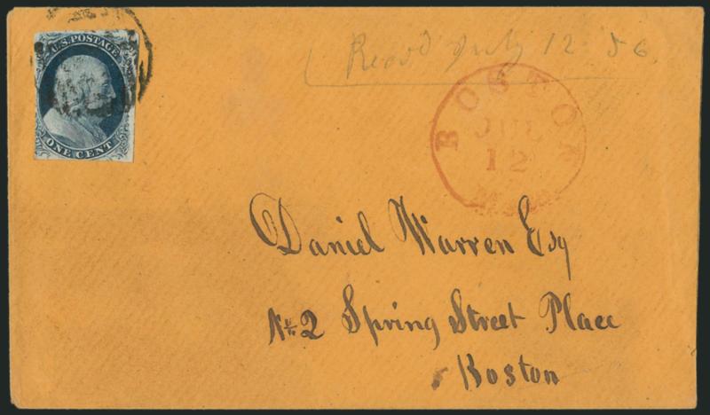 1c Blue, Ty. III, Position 99R2 (8).> Large margins to just in, tied by large Paid grid, red Boston Mass. Jul. 12 circular datestamp on buff cover to local street address, barely reduced at right<><>^FINE. A
RARE EXAMPLE OF THE 1851 ONE-CENT TY