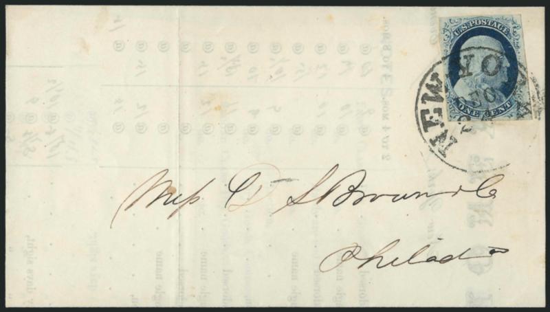 1c Blue, Ty. IV (9).> Position 28L1L, recut once at top and bottom, large to huge margins, tied by New-York Dec. 24 circular datestamp on folded printed 1856 prices current to Philadelphia, Very Fine Christmas
Eve cover