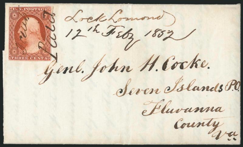 3c Orange Brown, Ty. II (10A).> Position 72L2E, large margins to touched at upper left, rich color, tied by ms. <<3 Cents Paid>> with Lock Lomond (Va.) 12th Feby 1851 manuscript postmark on immaculate folded
letter to Seven Islands Va., contents