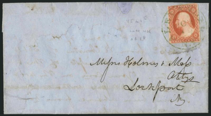 3c Orange Brown, Ty. II (10A).> Position 45L1E, margins large to just in at one corner, tied by mostly clear strike of <green> Alexander N.Y. Oct 12 circular datestamp on 1851 folded letter to Lockport, N.Y.,
some staining on letter and small repai