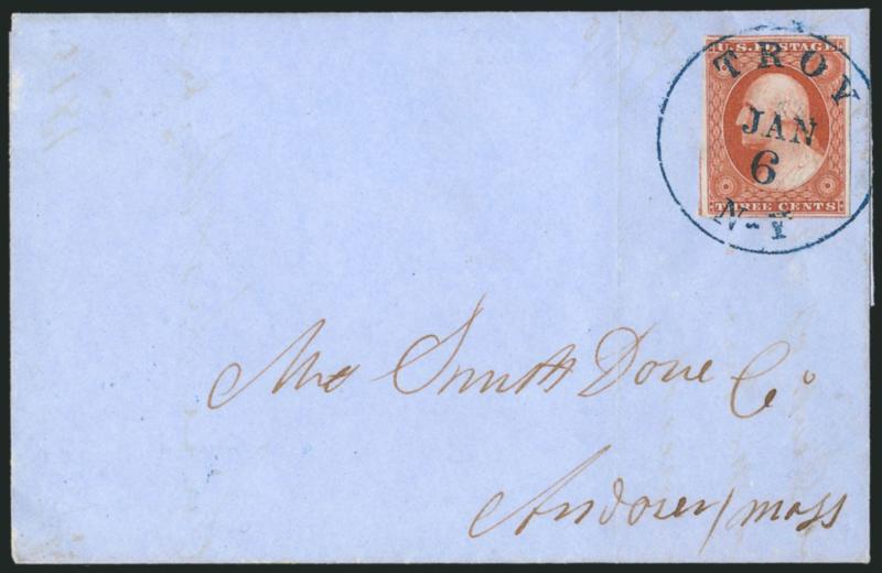 3c Orange Brown, Ty. II (10A).> Two covers, first bears Position 55R0, large margins, tied by blue Troy N.Y. Jan. 6 circular datestamp to Andover Mass., second labelled as Plate 0 but is probably not since no
recut inner lines, tied by blue-green 