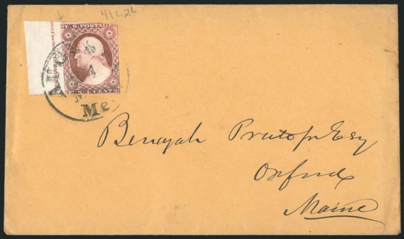 3c Dull Red, Ty. II (11A).> Position 41L2L, large margins to in incl. <part imprint at left,> rich color closer to the Brownish Carmine shade, tied by Augusta Me. 21 M? circular datestamp on buff cover to
Oxford Me., stamp with insignificant indent