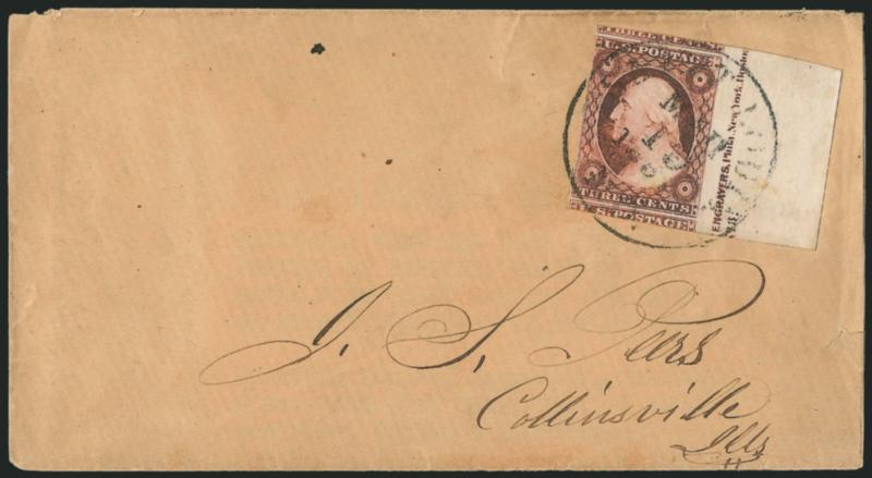 3c Dull Red, Ty. II (11A).> Position 50R3, enormous margins to just in incl. part of adjoining stamps at top and bottom and <part imprint and plate no. sheet margin at right,> intense color (slightly
oxidized), tied by light strike of Saint Louis Mo