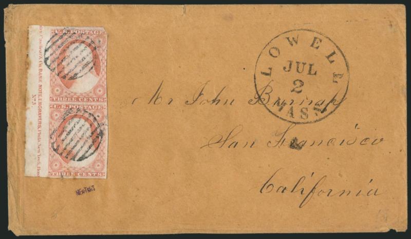 3c Pale Orange Red, Ty. II (11A).> Left sheet margin vertical pair with <nter, Casilear & Co. ^BANK NOTE ENGRAVERS.^ Phila. New York Bos and No. 3 portion of imprint,> large margins to slightly in, grid
cancels, Lowell Mass. Jul. 2 cds on buff