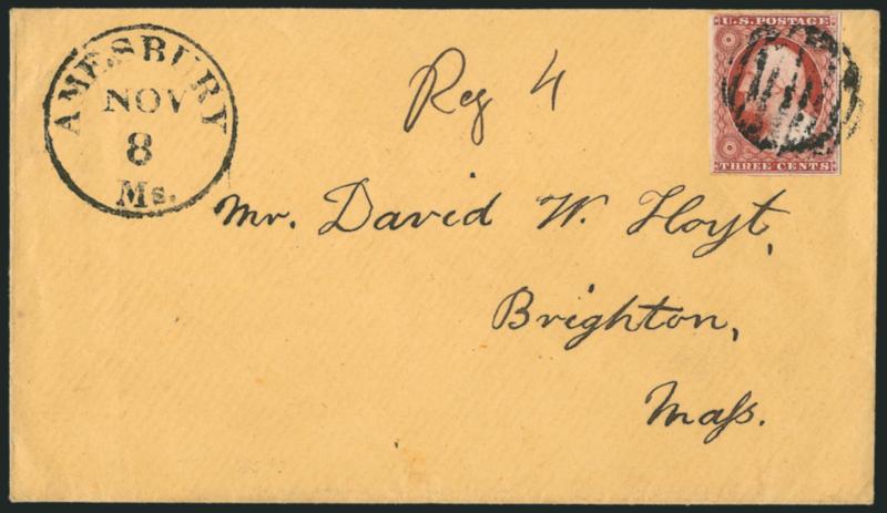3c Dull Red, Ty. I (11).> Deep rich color which is close to Brownish Carmine, large margins to clear, tied by bold grid, Amesbury Ms. Nov. 8 circular datestamp on <registered> cover to Brighton Mass., with ms.
Reg. 4 at top, fresh and Very Fine,