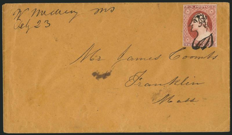 3c Dull Red, Ty. II (11A).> Four margins, tied by <cartoon drawing of George Washington,> <<W. Midway Ms. Feb. 23>> manuscript postmark on buff cover to Franklin, Mass., Very Fine and most unusual
