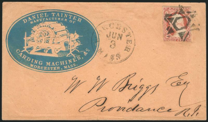 3c Dull Red, Ty. II (11A).> Large margins to just in, bright color, tied by <negative Star of David> fancy cancel, Worcester Mass. Jun. 3 circular datestamp on buff cover with <carding machine manufacturers
blue embossed cameo corner card> to Prov