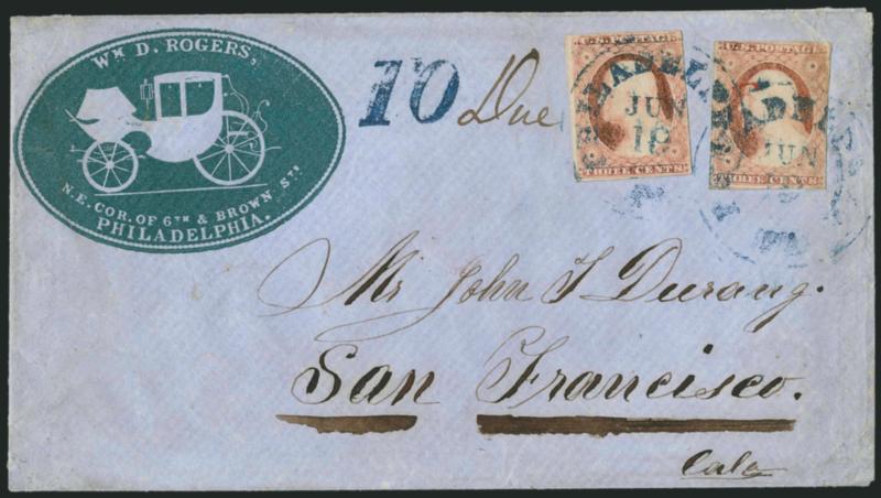 3c Dull Red, Ty. II (11A).> Two, large margins to in, oxidized, tied by blue Philadelphia Pa. Jun. 19 circular datestamps on blue cover to San Francisco with <carriage makers green cameo corner card with
illustration of carriage,> accompanied by o