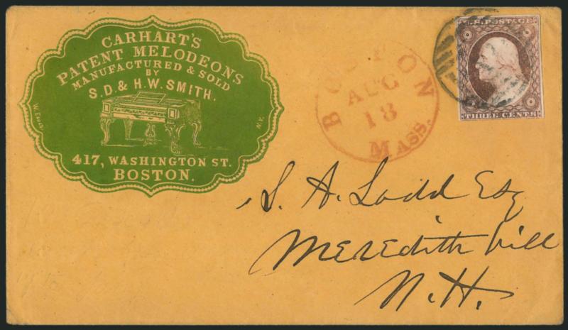 3c Dull Red, Ty. II (11A).> Large margins to just in, intense color, tied by large Paid grid, red Boston Mass. Aug. 18 circular datestamp on <Carharts Patent Melodeons green cameo corner card> cover to
Meredith Hill N.H., fresh and Very Fine,