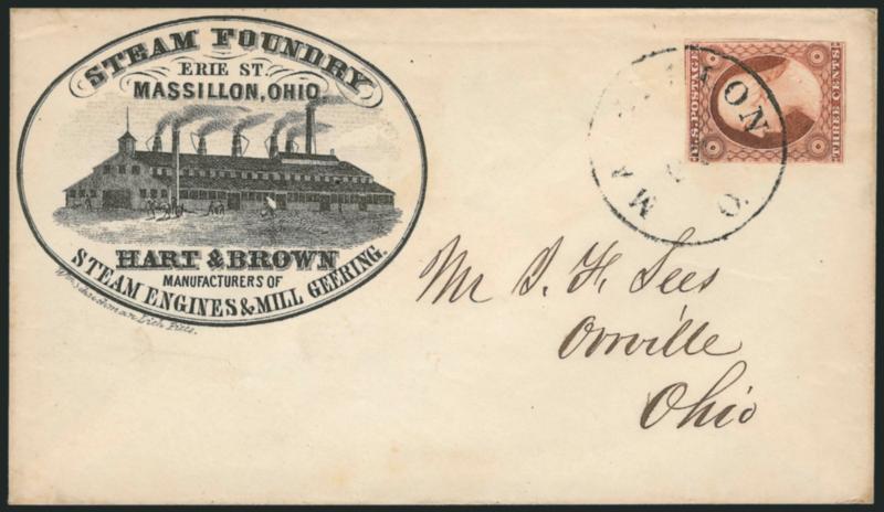 3c Dull Red, Ty. I (11).> Margins clear to just touching, tied by Massillion O. circular datestamp on <Steam Foundry, Erie St., Massillon, Ohio, Hart & Brown corner card> cover with illustrated factory to
Orrville O., fresh and Extremely Fine, a