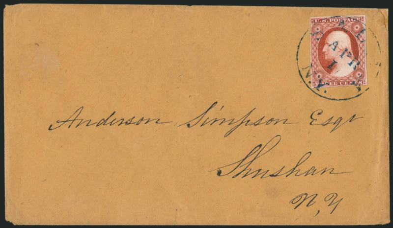 3c Experimental Orange Brown, Ty. II (11A var).> Position 26L1L, large margins to clear, wonderful color, tied by <blue> Salem N.Y. Apr. 1 circular datestamp with day slug inverted on buff cover to New York
town, small cosmetic repair at upper righ