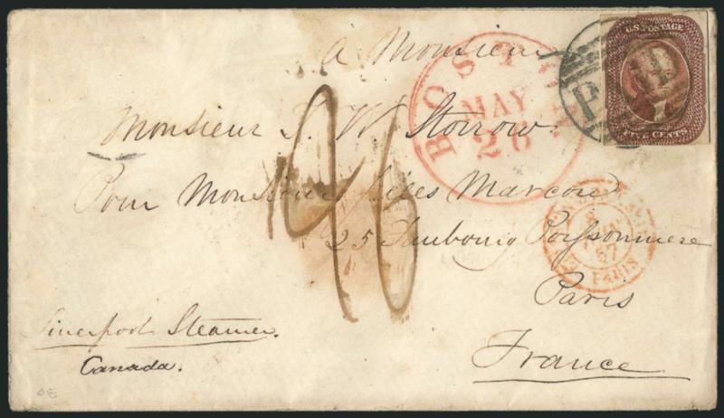 5c Red Brown (12).> Ample margins to just in at bottom, tied by large Paid grid with red Boston May 26 circular datestamp on 1857 cover <to Paris, France,> endorsed <<Liverpool Steamer. Canada.>> at bottom,
ms. 26 decimes due for double rate,