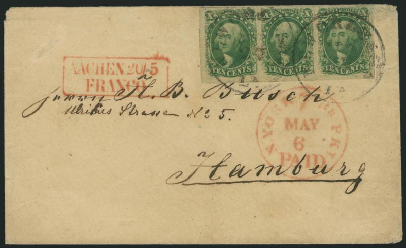 10c Green, Ty. II (14).> Horizontal strip of three, large to enormous margins all around, tied by New Orleans La. Apr. 27 circular datestamp on cover <to Hamburg, Germany,> red N. York Br. Pkt. 7 Paid May 6
credit datestamp, red Aachen transit, r