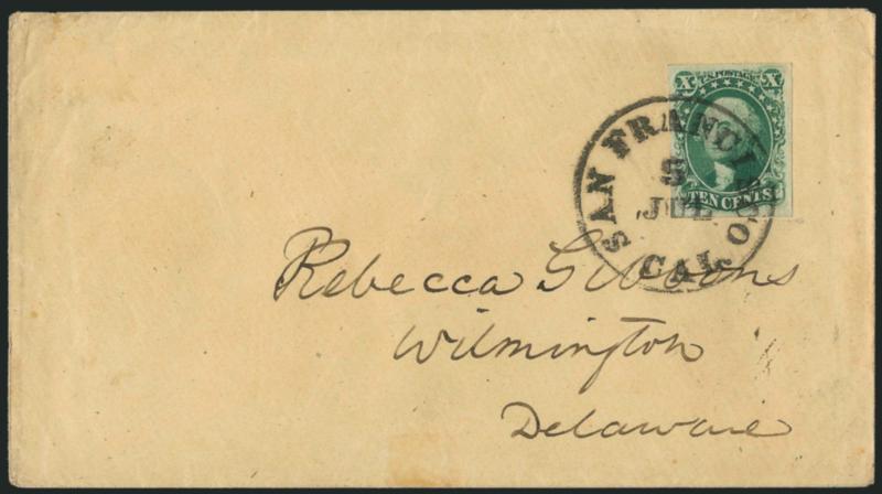 10c Green, Ty. III (15).> Huge margins all around, tied by well-struck San Francisco Cal. Jul. 5 circular datestamp on cover to Wilmington Del., trivial edgewear, Extremely Fine transcontinental usage