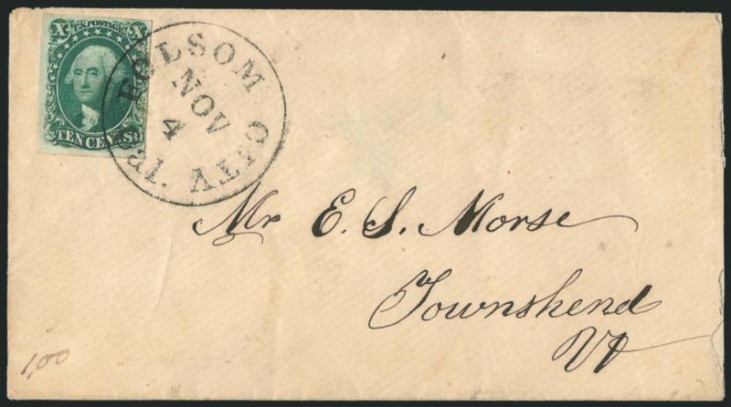 10c Green, Ty. III (15).> Large margins to just touched, tied by Folsom City Cal. Nov. 4 circular datestamp on cover to Townshend Vt., Very Fine transcontinental usage