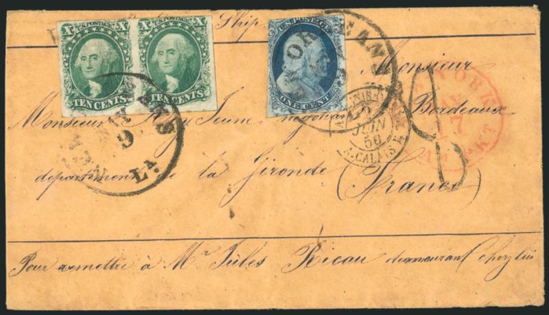 10c Green, Ty. III (15).> Horizontal pair, huge margins to in at top, used with <1c Blue, Ty. II (7),> tied by New Orleans La. May 9 circular datestamps on buff 1856 cover <to Gironde, France,> red New-York
Am. Pkt. May 17 transit datestamp, Fren
