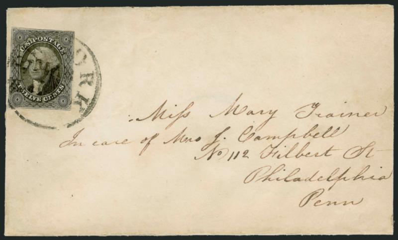 12c Black (17).> Large margins to barely in at top right, tied by New-York Mar. ? circular datestamp on cover to Philadelphia, slightly reduced at right, small repair at bottom left, appears Very Fine,
attractive quadruple-rate domestic usage