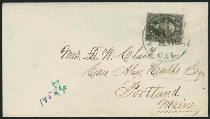 12c Black (17).> Large margins to clear incl. part of adjoining stamp at right, tied by well-struck San Francisco Cal. Mar. 16 circular datestamp on cover to Portland Me., non-contemporary ink at left,
otherwise Very Fine double-rate cover, ex Beal