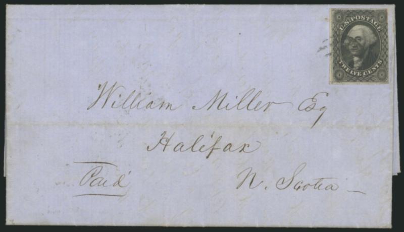 12c Black (17).> Large margins to just in, tied by grid cancel on blue folded letter datelined <<Philadelphia June 30, 1854>> <to Halifax, Nova Scotia,> blue St. Andrews JY 5, 1854 and St. John, New Brunswick
JY 6, 1854 backstamps, receiving ba