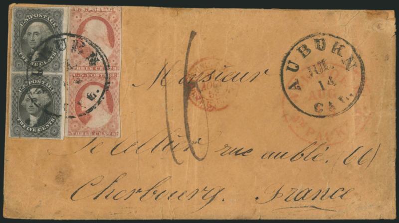 12c Black (17).> Vertical pair, large margins to full, used with vertical pair of <3c Dull Red, Ty. II (11A),> cancelled by bold strike of Auburn Cal. Jul. 14 circular datestamp, second strike at right on buff
1853 cover <to Cherbourg, France,> red