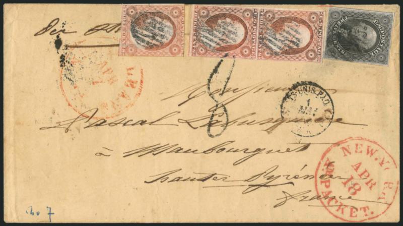 12c Black (17).> Large margins, used with vertical pair and single of <3c Dull Red, Ty. II (11A),> tied by grids and red New Orleans La. Apr. 7 circular datestamp on buff cover <to France,> red New-York Am.
Pkt. Apr. 18 transit datestamp, French