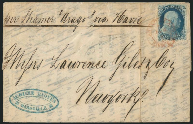 1c Blue, Ty. Ia (19).> Plate 4, bright color, tied by <red U.S. MailCity Delivery1 May 18 carrier department> circular datestamp on folded letter <bootlegged from Marseille, France> to New York, senders blue
oval handstamp and manuscript routin