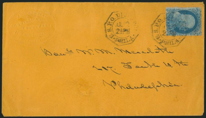 1c Blue, Ty. I (18).> Position 49L12, with vertical blue line thru S of US and down the back of Franklins head, tied by U.S.P.O. Dispatch Phila. Jul. 22 2-12 PM octagonal carriers datestamp with second strike
on Knight & Bell Commission Mer