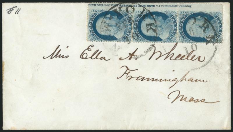 1c Blue, Ty. V (24).> Positions 506070R9, vertical strip of three with <virtually entire imprint captured at right,> including <Carpenterar> misspelling, fresh color, tied by two strikes of New-York N.Y. Feb.
10 circular datestamps on cover to