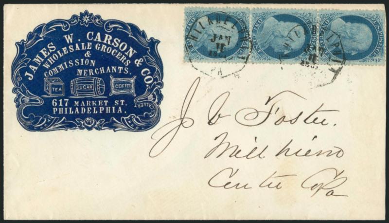 1c Blue, Ty. V (24).> Vertical strip of three, choice centering, tied by neat strikes of Philadelphia Pa. Jan. 11, 1861 octagonal datestamps on cover to Millheim Pa. with <commission merchants blue cameo
corner card with illustration of tea, sugar