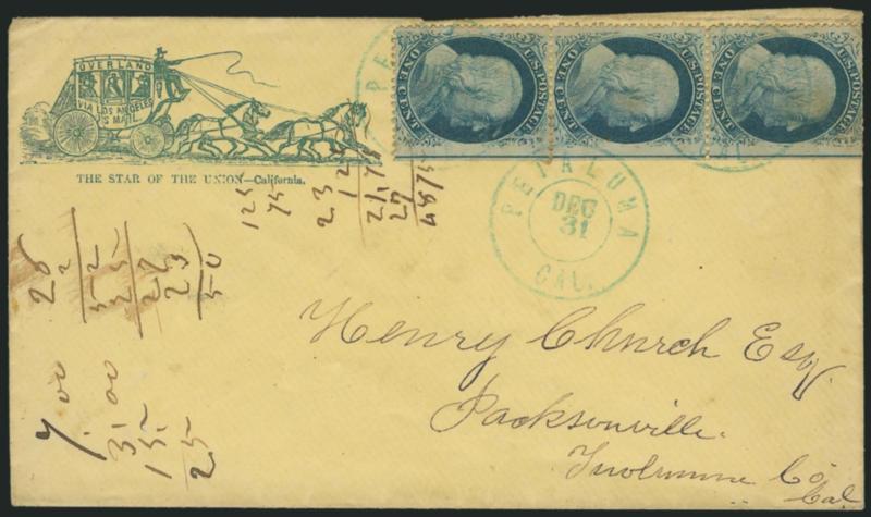 1c Blue, Ty. V (24).> Vertical strip of three with straddle-pane margin at right showing full guideline, tied by three strikes of blue Petaluma Cal. Dec. 31 double-circle datestamp on yellow cover to
Jacksonville Cal. with <blue illustrated four-ho