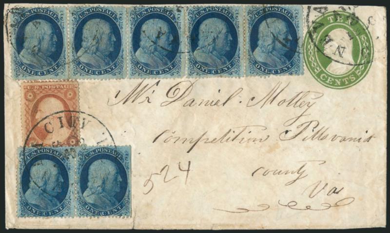 1c Blue, Ty. VVa (24 var).> Horizontal strip of five and pair, the pair natural s.e. at right, <used with 3c Dull Red, Ty. III (26) on 10c Green on White Nesbitt entire,> tied by Nevada City Cal. Aug. 3, 1858
circular datestamps, to Pittsylvania C