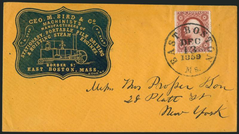 3c Dull Red, Ty. III (26).> Incredibly well-centered with unusually wide margins, rich color, tied by well-struck East Boston Ms. Dec. 13, 1859 circular datestamp on <machinists blue cameo corner card> cover
to New York, Extremely Fine Gem, a supe