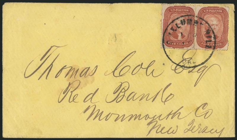 5c Brick Red (27).> Horizontal pair, beautiful bright shade, few short perfs at right, tied by <Mokelumne Hill Cal.> circular datestamp on yellow cover to Red Bank N.J., minor edgewear, Very Fine, extremely
rare use of the 5c Brick Red from this sm